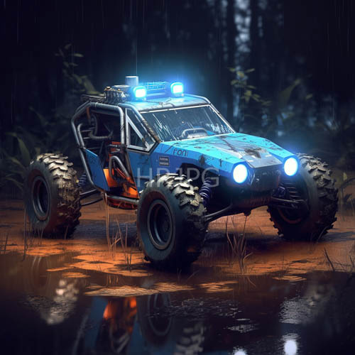 electric blue and searing orange rally machine stands motionless among midnight woodland shadows