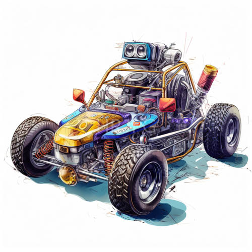 custom gokart silhouette defined by eccentric oceanic blue and yellow patterns on metallic silver chassis
