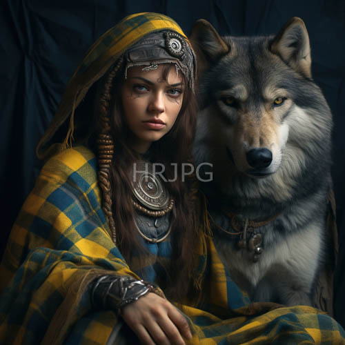 High Resolution: Young womans tribal craftsmanship meets subtle ambient light in rustic yellowgreen plaid cloak setting download. | HRJPG.com