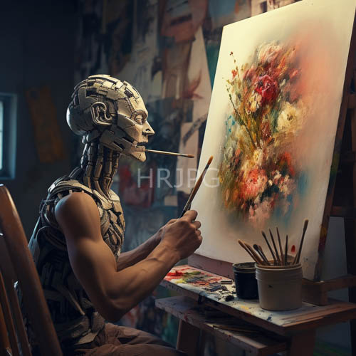 sophisticated automaton meets creative expression in industrial studio setting with dim light