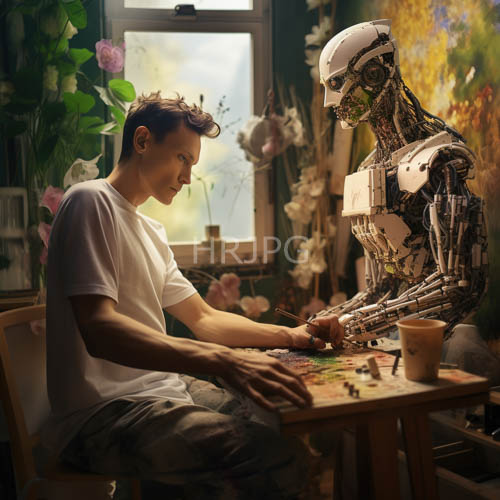 High Resolution: Fusion of Human Touch and Synthetic Harmony Unfolds in Workspace download. | HRJPG.com
