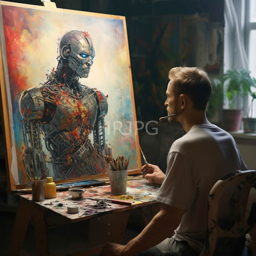 monochromatic figure confronts vibrant explosion of color in dim studio setting