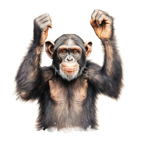 expressive chimpanzee infant raises arms in triumphant pose against minimalist white backdrop