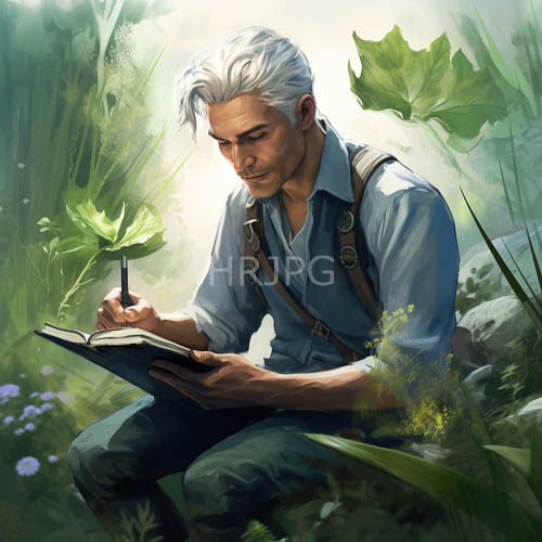 elderly gentleman immersed in literary pursuits amidst lush verdant foliage
