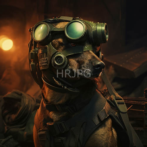 reimagined german shepherd silhouette in industrial grit with intricate harness and brasstrimmmed gas mask