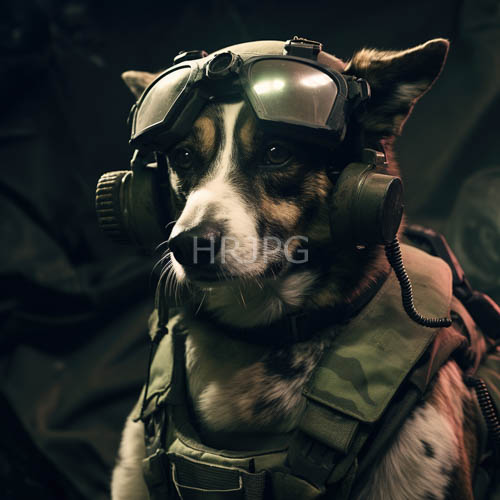 border collie in olivedrab tactical gear commands attention with serious gaze