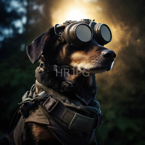 canine with vintage aviator goggles and tactical gear in deep forest