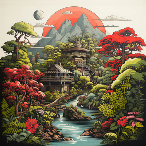 High Resolution: Warm-Red Maples Drape Tranquil Japanese Hamlet Amidst Verdant Foliage and Gentle River Currents download. | HRJPG.com
