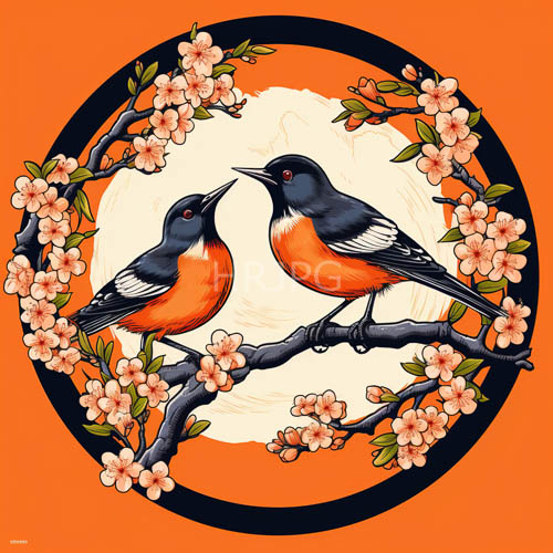 orangetoned backdrop sets stage for poised blackbirds in elegantly composed with delicate feathers and elegant silhouettes