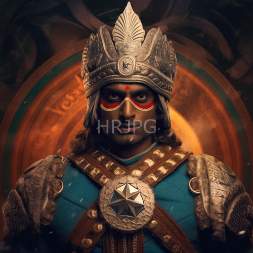 of powerful warrior with crimson face paint and metallic armor