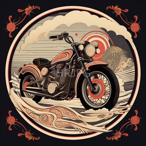 sophisticated composition featuring classic motorcycle silhouette meets refined palette of cream and deep red