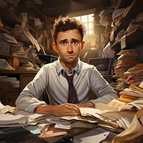 High Resolution: Young Man Confronts Chaos in Claustrophobic Workspace Amidst Encroaching Shadows download. | HRJPG.com