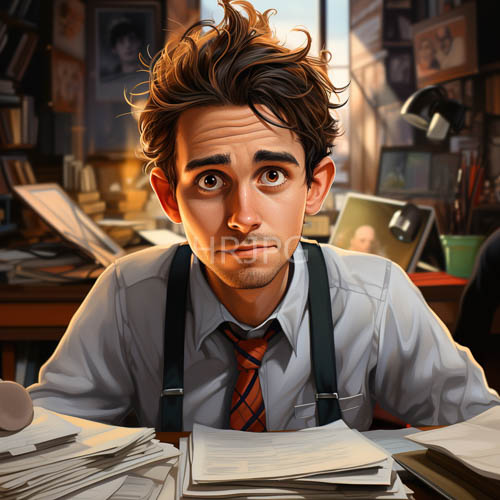 crisp suspenders clash with office disorder amidst sinking deadlines and mounting knowledge