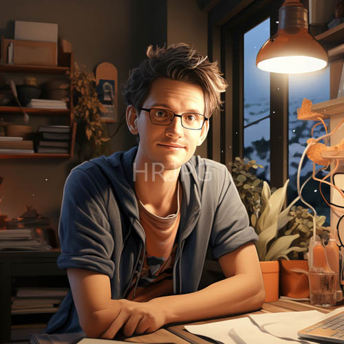 fleeting golden light on composed figure amidst workspace twilight