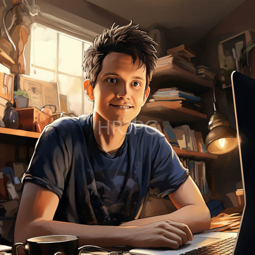 amidst tasks a young mans focus shines in a soft ambient glow