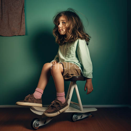 quiet morning light catches chestnuthued locks amidst minimalist toy and matte background
