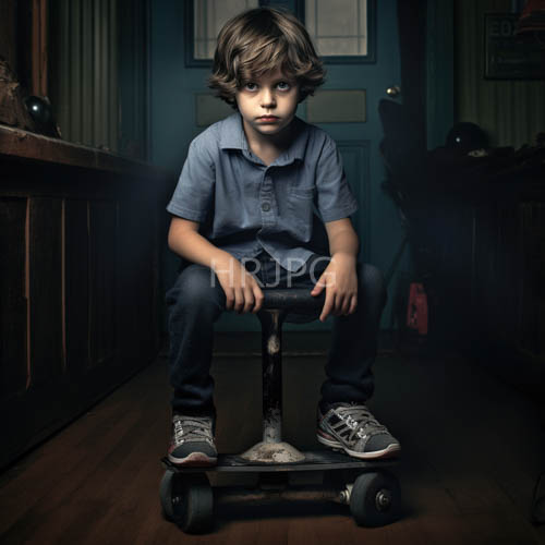 High Resolution: Young boys contemplative pose amidst weathered kick scooters earthy tones download. | HRJPG.com
