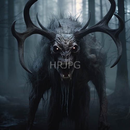 primeval woodland terror emerges from shifting veil of night with massive gnarled antlers and corded musculature