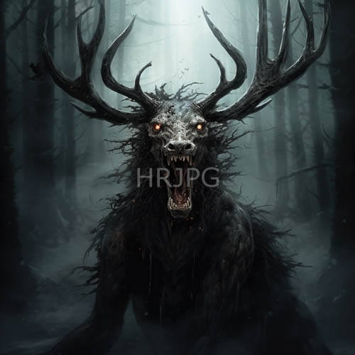 obsidian undergrowth monstrosity commands frame with primitive chilling intensity ancient jagged antlers