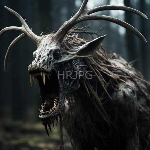 spectral entity haunts ancient woodland with decayed epidermis and jagged branchlike antlers