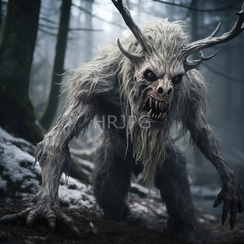 humanoid figure emerges from misty woodland with antlers and ivory hair