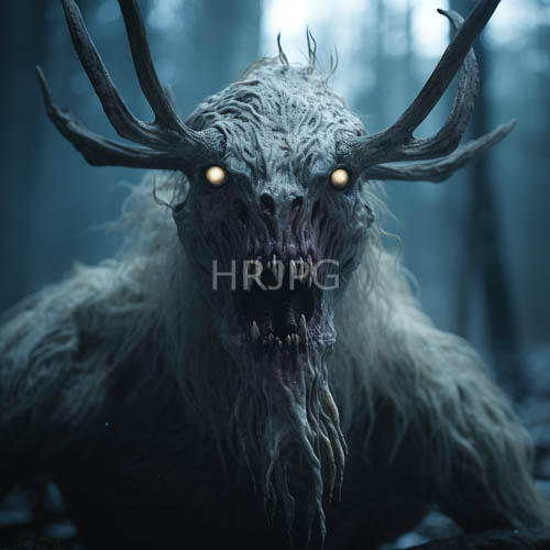 fearsome entity emerges from fogchoked timber with jagged antlers and mottled grayishblue flesh