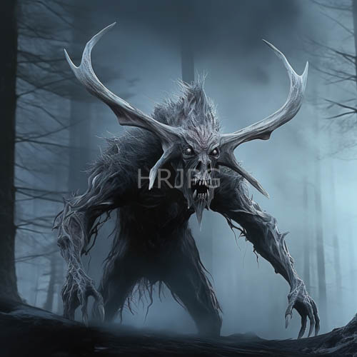 barren woodland predator dominates perpetual twilight silhouettes with abyssal fog