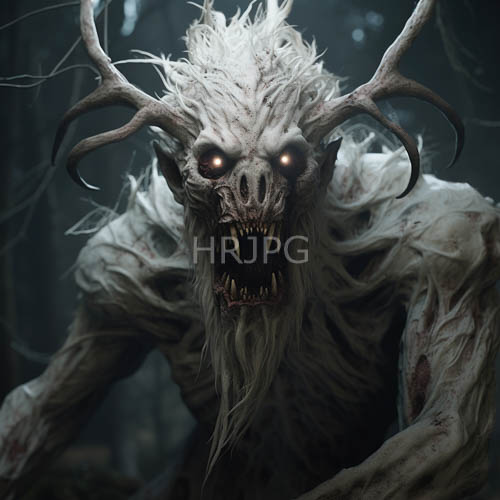 midnight woodland sentinals tattered white fur clings to skeletal frame amidst jagged foliage