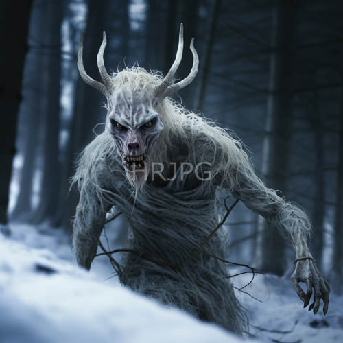 High Resolution: Frozen Woodland Shadows Confront a NightmareSteeped Humanoid Figure Emerging from Frigid Darkness download. | HRJPG.com
