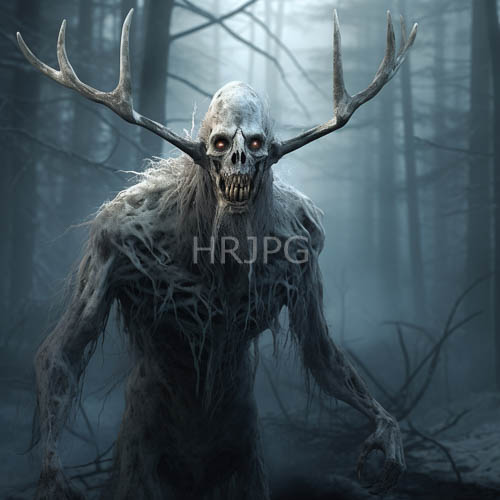 skeletal apparition emerges from nocturnal woodland in frigid grayishblue hues