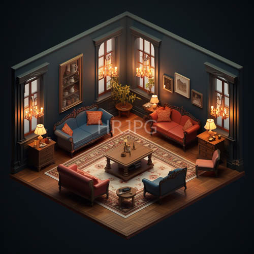 midnighthued isometric sanctuary with deep navy and polished wooden flooring