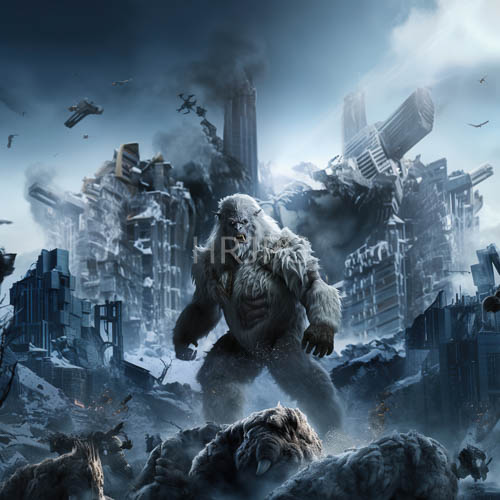 colossal werewolf asserts dominance amidst ruins of collapsed metropolis with predatory precision