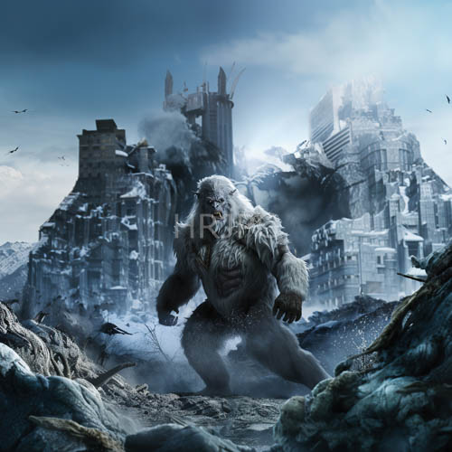 noble predator dominates ruins of futuristic cityscape amidst wintry storm