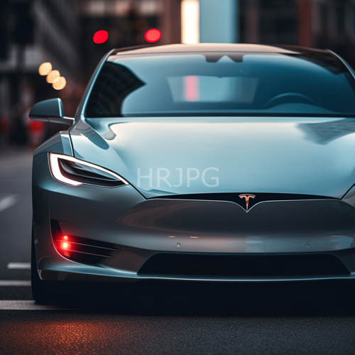 tesla model s silhouette against cityscape at twilight with fading amber glow