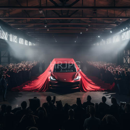 sleek sports car unfurls crimson fabric in expansive industrial warehouse setting