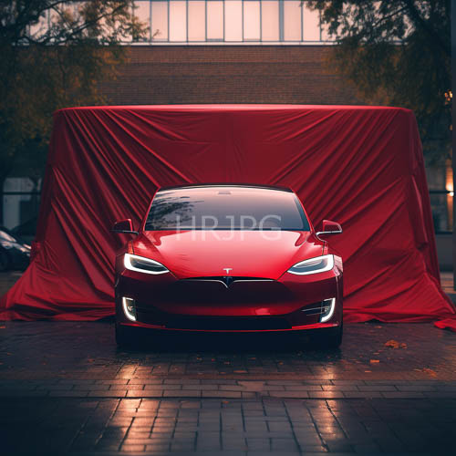 ruby red tesla model s silhouette defined by ambient dusk on raindampened urban asphalt