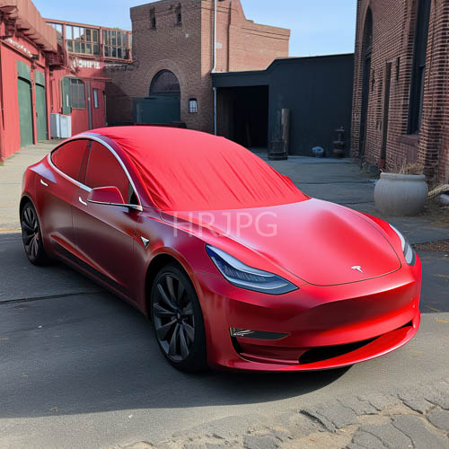 High Resolution: Electric crimson Tesla Model S contrasts with weathered cityscape textures beneath tailored fabric download. | HRJPG.com