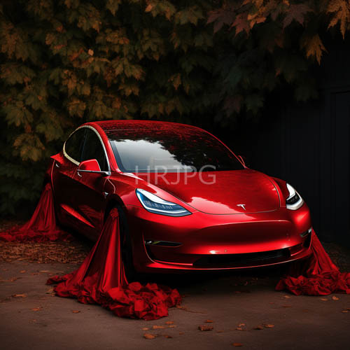 model s sedan displays crimson curves amidst autumnal canopy and paved driveway