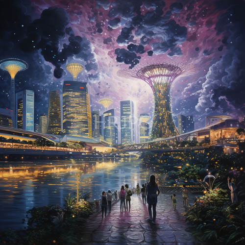 High Resolution: Cybernetic Metropolis Defines Twilight Ambition with Angular Skyscrapers and Organic Design Elements download. | HRJPG.com