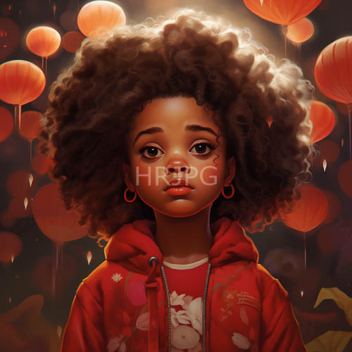 africanamerican girls steady gaze anchors amidst floating amber orbs in a dreamlike orange hue setting