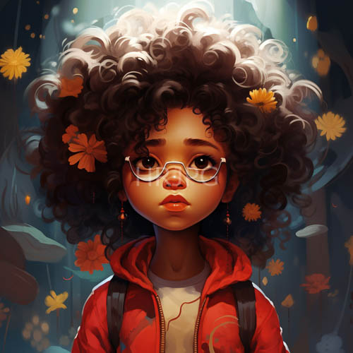 orange blossoms amidst tangled curls of dark velvety texture on a young womans face