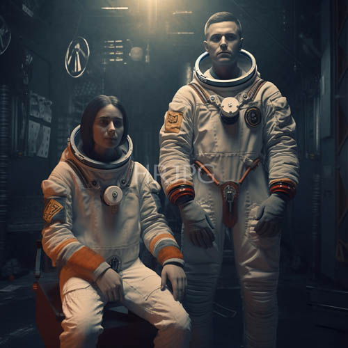 High Resolution: Astronauts in HighVis Suits Stand Frozen Amidst Industrial Aerospace Chamber Backgrounds download. | HRJPG.com
