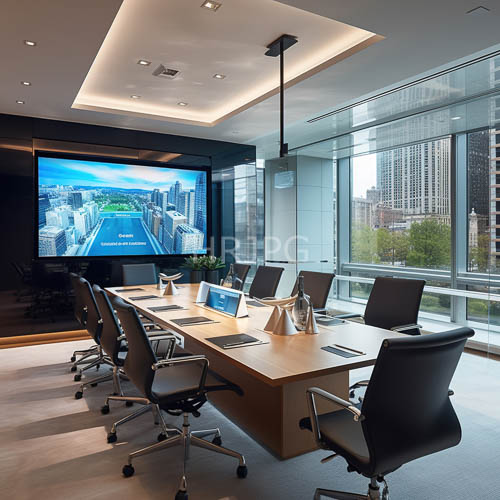 floor to ceiling windows reveal panoramic city views past leather chairs