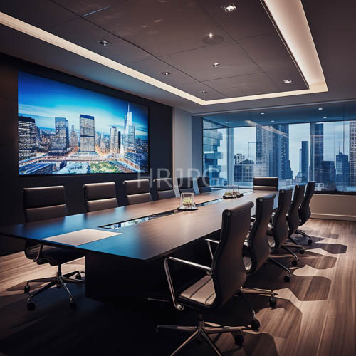 corporate boardroom exudes sophisticated minimalist authority amidst urban skyscraper projections