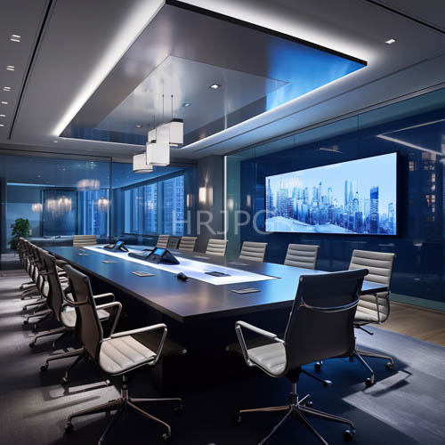 High Resolution: Massive Wooden Table Dominates Industrial Boardroom with Deep Black Leather and Cityscape Projections download. | HRJPG.com