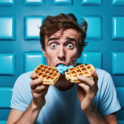chestnuttressed figure amidst teal backdrop with crisp light blue shirt and goldenbrown waffles