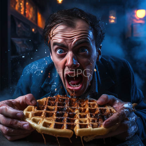 astonished man confronts saturated waffles in dim cavernous environment