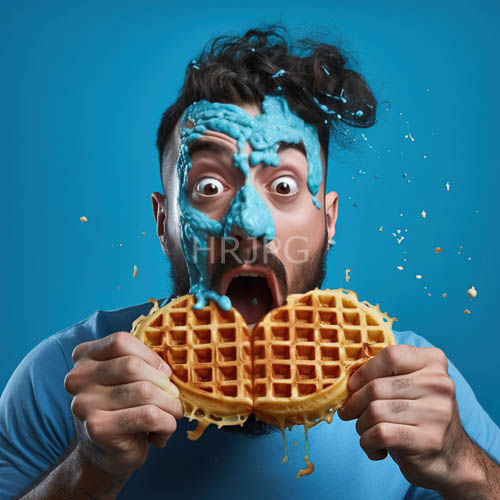 High Resolution: Man with Dark Curls Embracing Indulgence Against Electric Blue Backdrop download. | HRJPG.com