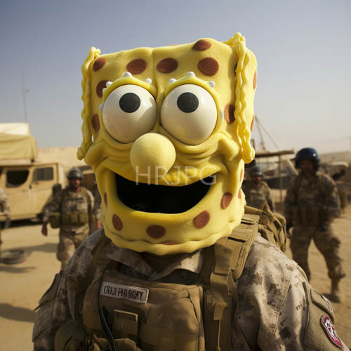 american soldier wears garish yellow homer simpson mask on desert training ground with camouflage fatigues