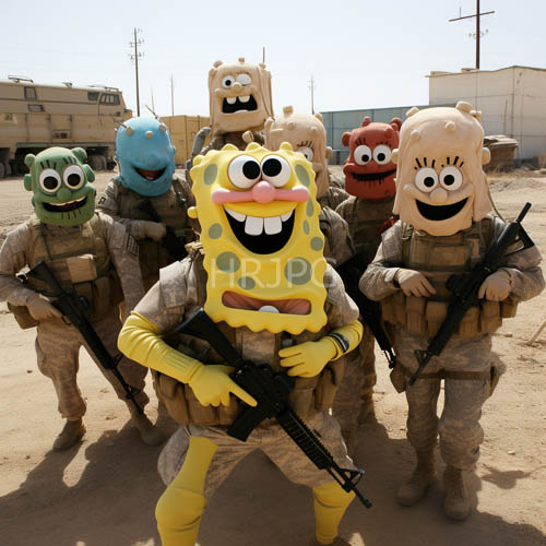 desert soldiers with cartoon masks in tactical formation amidst parched terrain